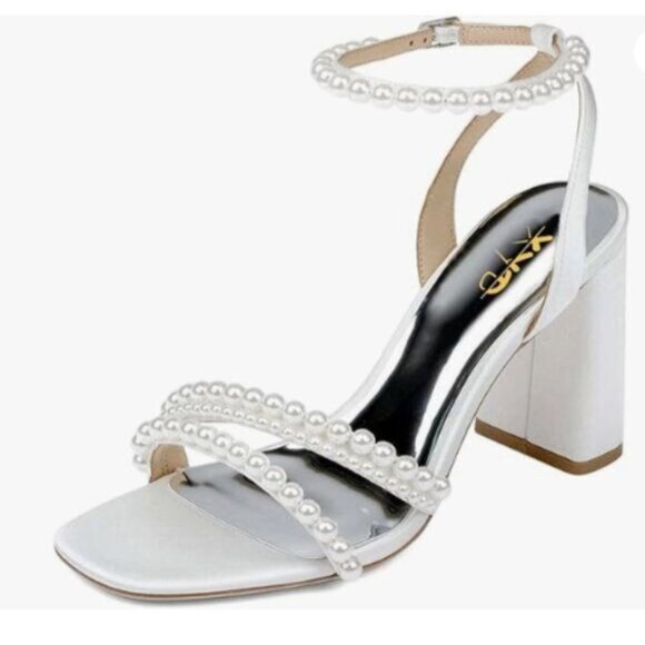 XYD Women's Pearl Strappy Bridal Open Toe Sandals Block High Heels Ankle Strap - Picture 1 of 7